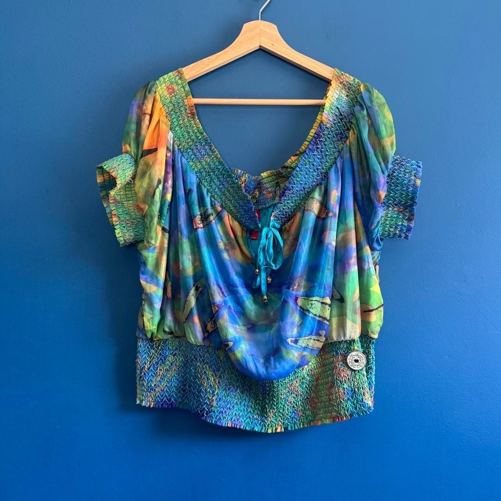 Y2K Apple Bottoms Smocked Blouse Women's Plus Size 2X Blue Tie Dye Off Shoulder